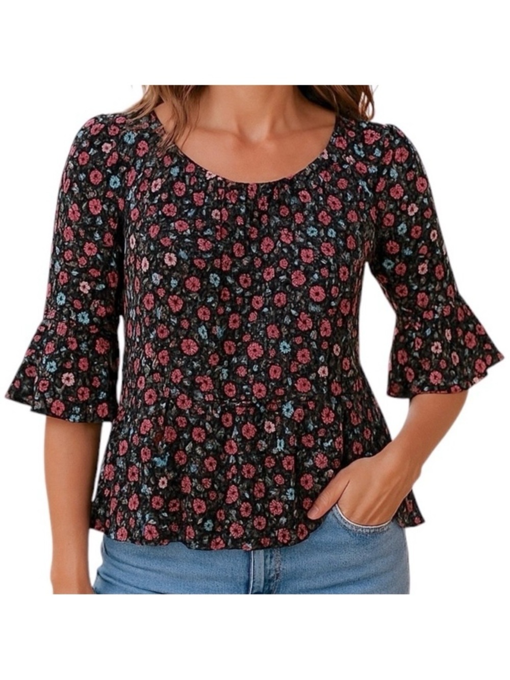 MACY'S STYLE & CO. Blouse Peasant style Floral Half sleeve Ruffles Pullover